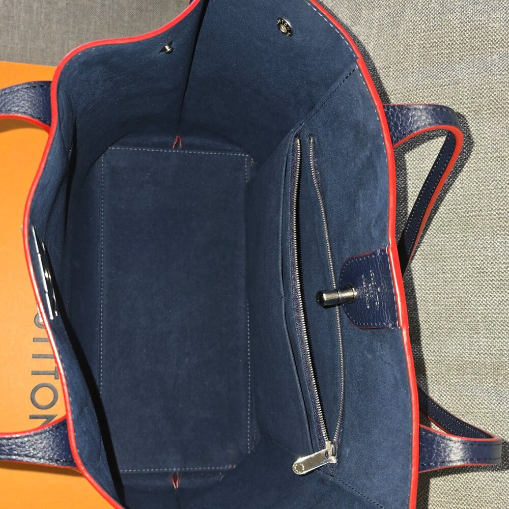 Louis Vuitton Navy Blue Leather Tote with Red Piping & Silver Hardware - Picture 10 of 16